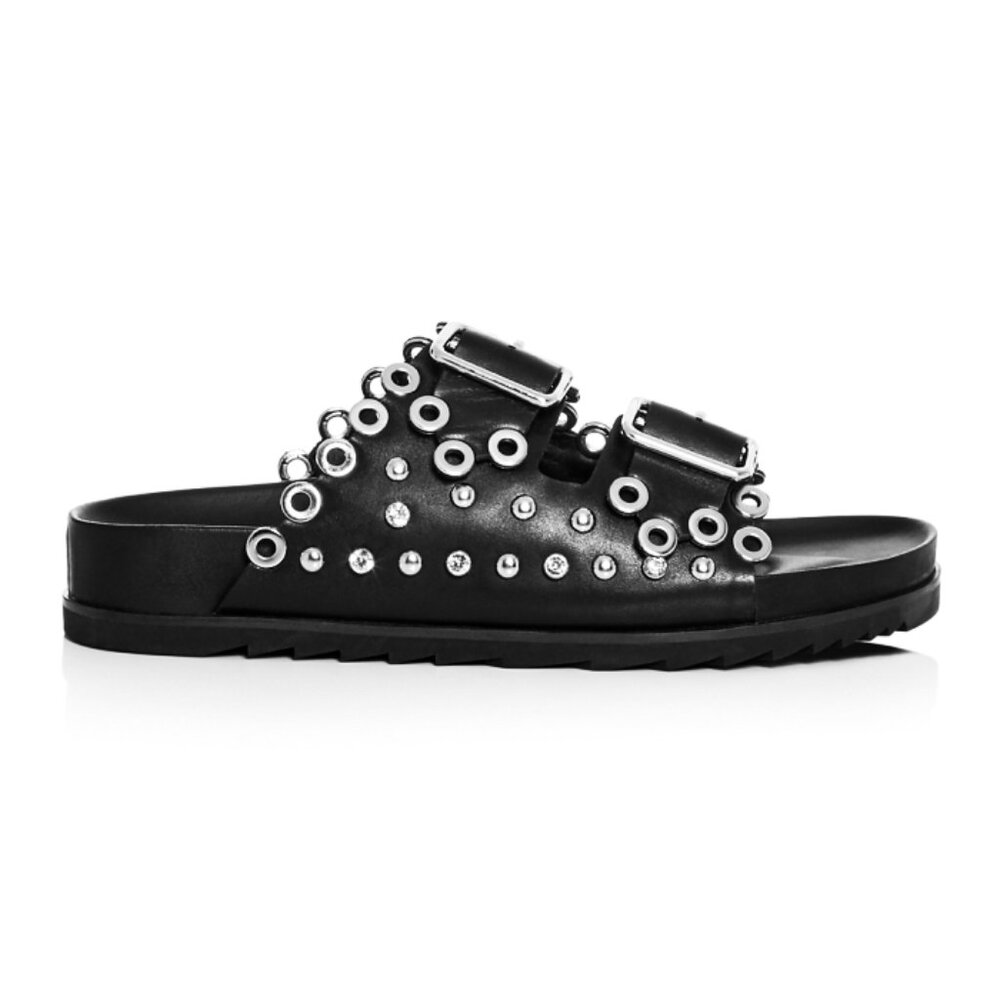 Ash Universe Slide Sandal Black Leather Studded Crystals Birks Flats Edgy Gothic - Picture 6 of 17